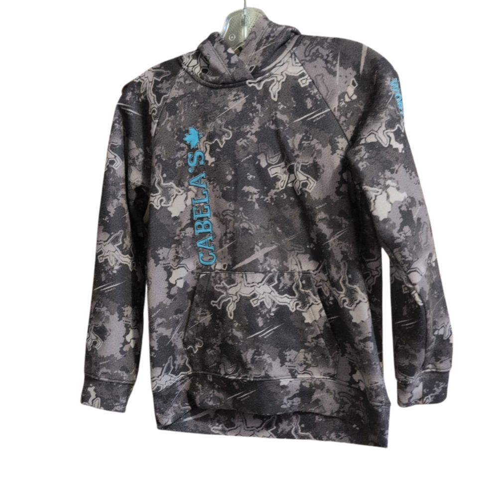 Cabela’s Youth XL Camo Fleece Hoodie Black Gray Pullover Hunting Logo Sweatshirt